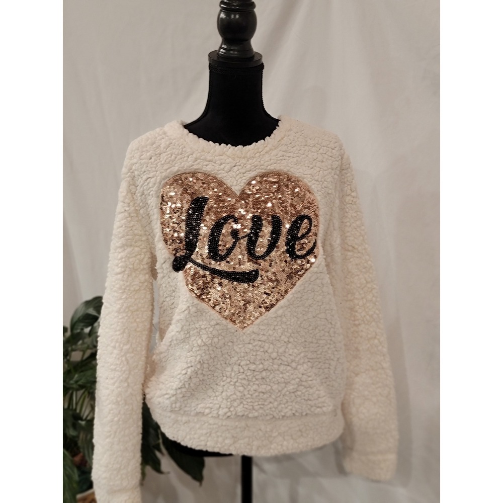 Miss Chievous Cream Sherpa Fleece Sequin Heart Love Sweatshirt JM9258X151 Large